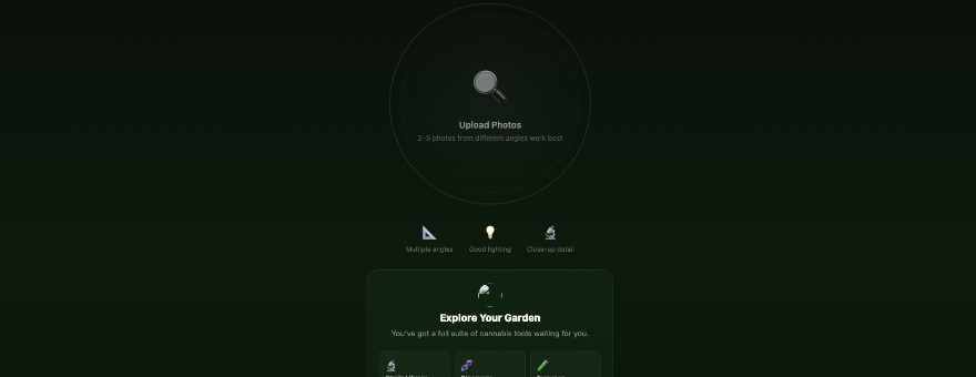 StrainSpotter — Scanner upload flow with photo tips and Garden tools section (product screenshot)