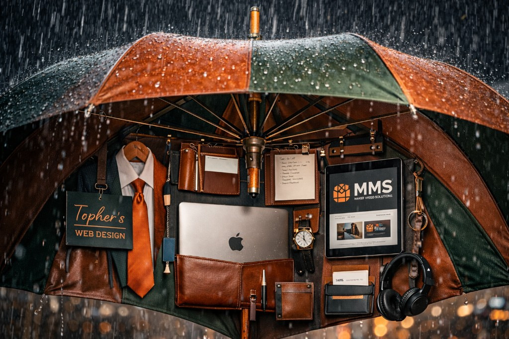 MixedMakerShop umbrella brand — open umbrella in the rain, canopy and warm interior light.