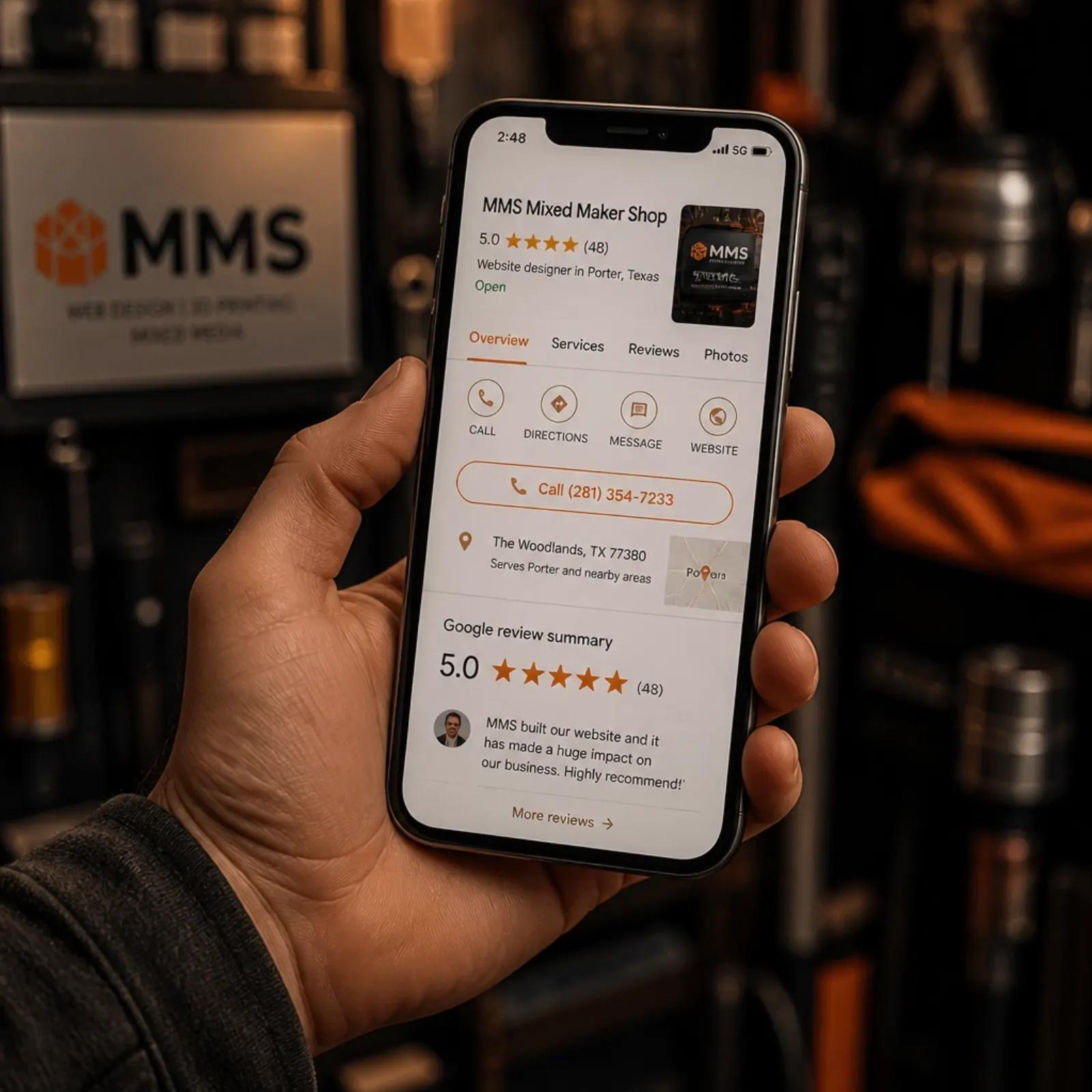 Google Business Profile view on a mobile phone at a job site