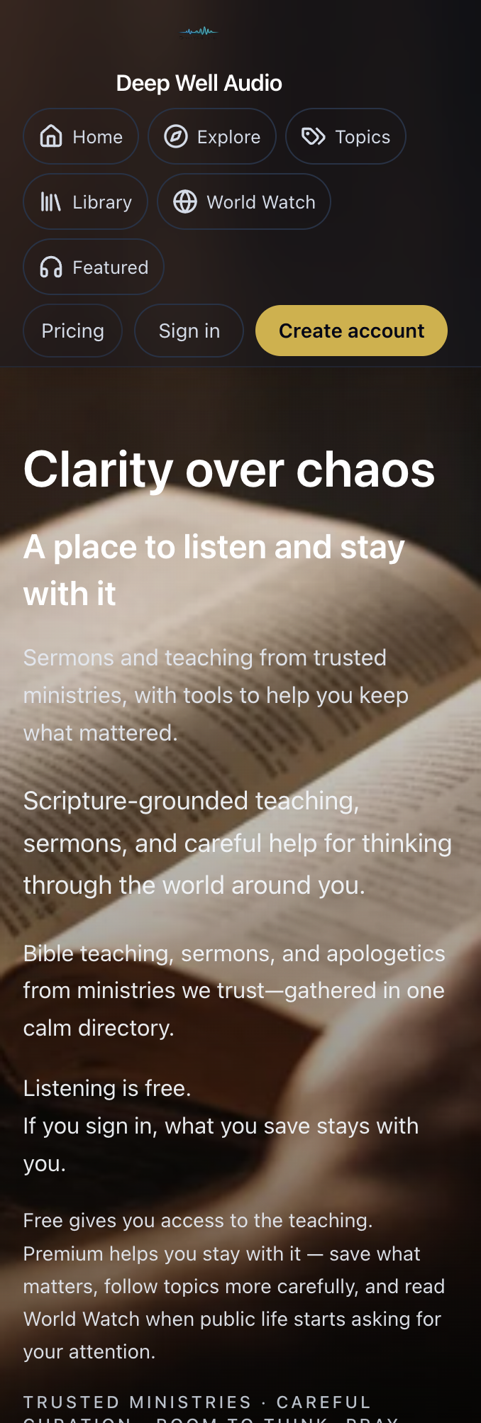 Homepage preview of Deep Well Audio — typography and hero art from the live music site