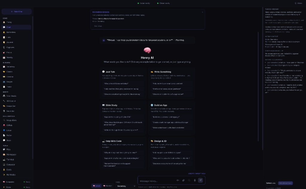 Henry AI — home screen with starter actions and chat entry