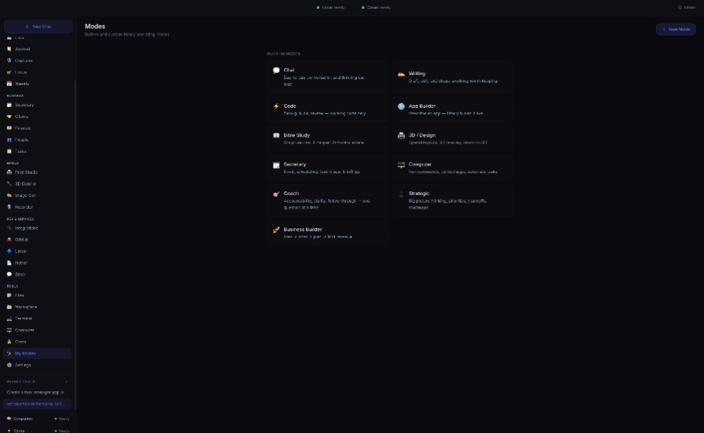Henry AI — Modes screen with built-in operating modes