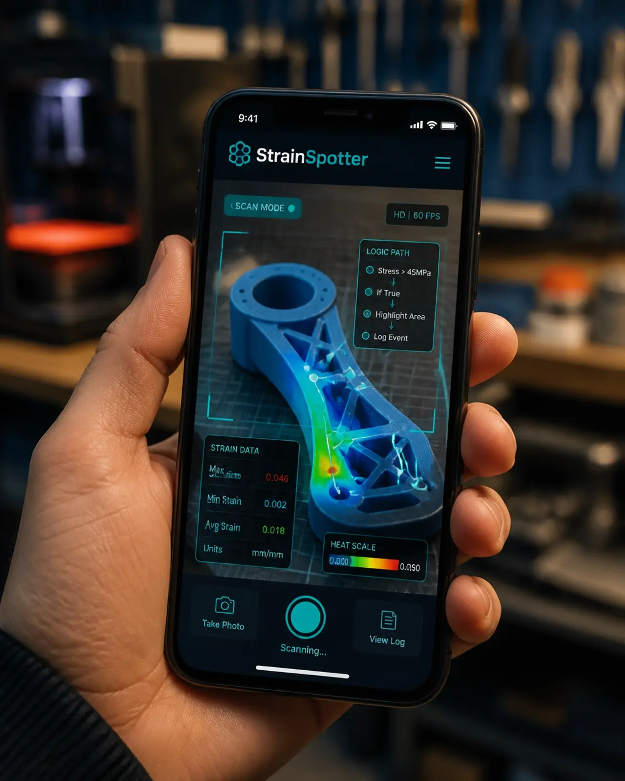 A smartphone displaying the StrainSpotter interface scanning a physical object in a workshop setting