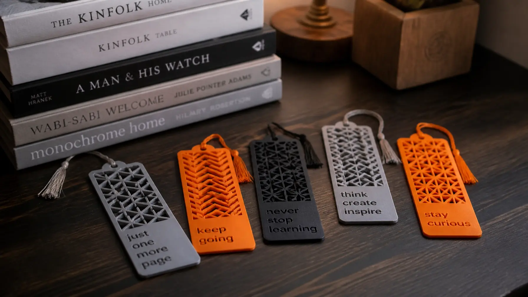 Cinematic 3D printed bookmarks on a rustic desk