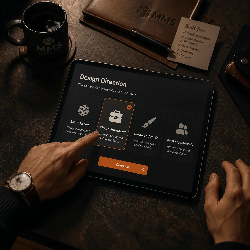 Hands working on a digital tablet, selecting a design direction for a website preview
