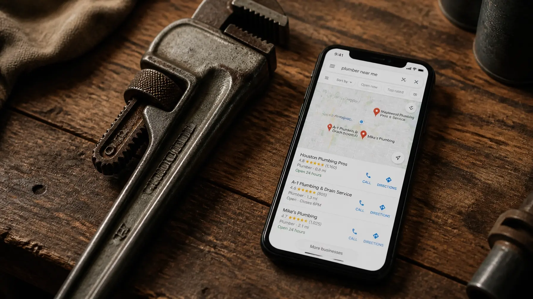 A heavy-duty pipe wrench and a smartphone showing a local map on a workbench