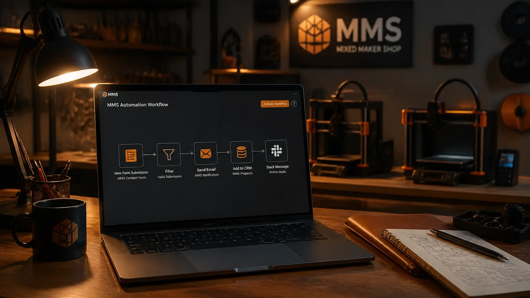A modern workshop with a laptop showing a digital automation workflow, cinematic lighting, and warm wood textures