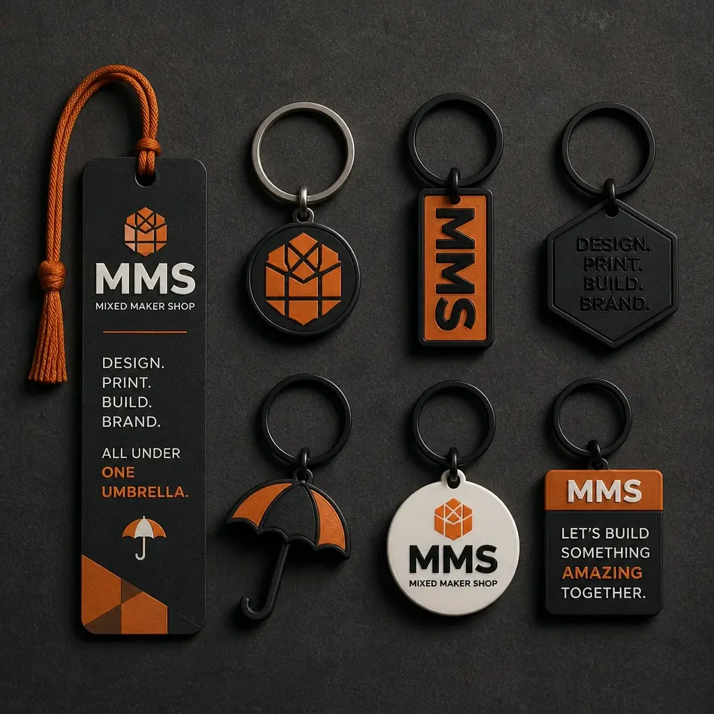 A collection of custom 3D-printed promotional items including branded keychains