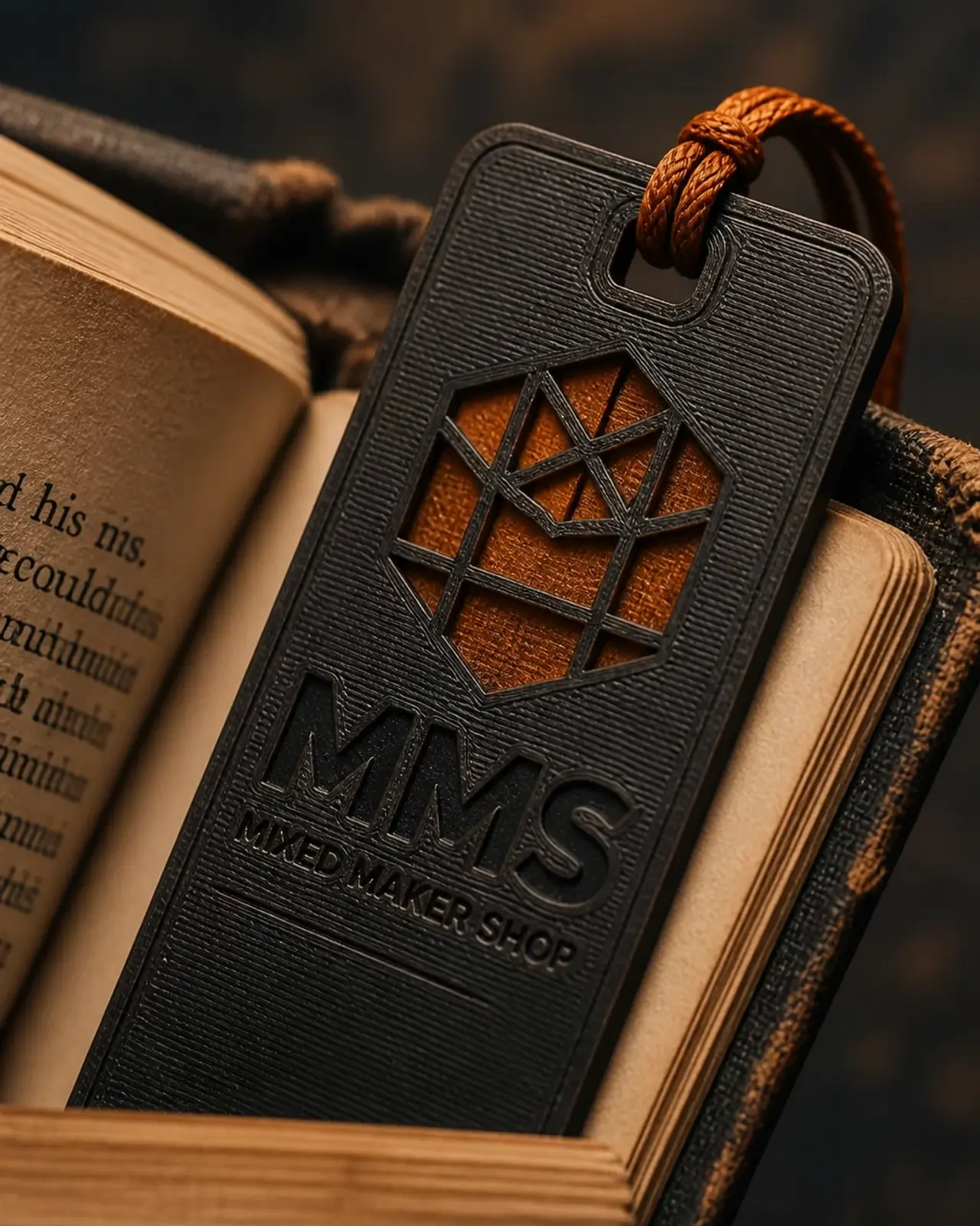 A custom 3D-printed bookmark inside a classic hardcover book