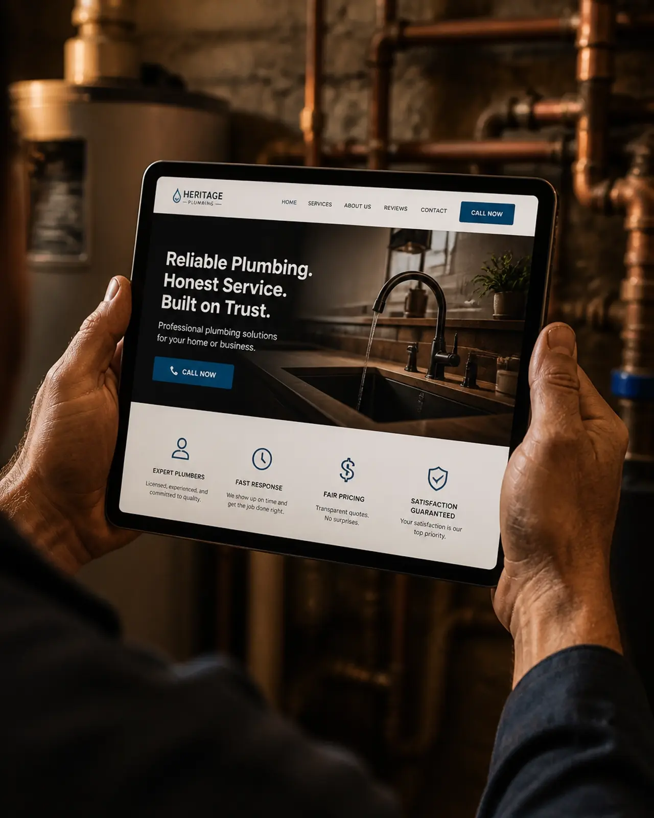 A plumber checking a professional website on a tablet