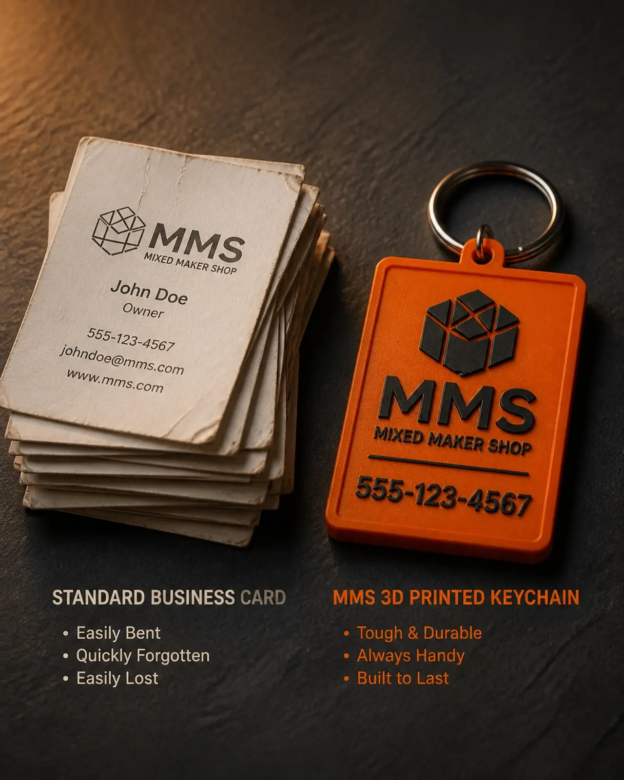 A stack of plain paper business cards next to one vibrant, sturdy 3D printed keychain on a desk