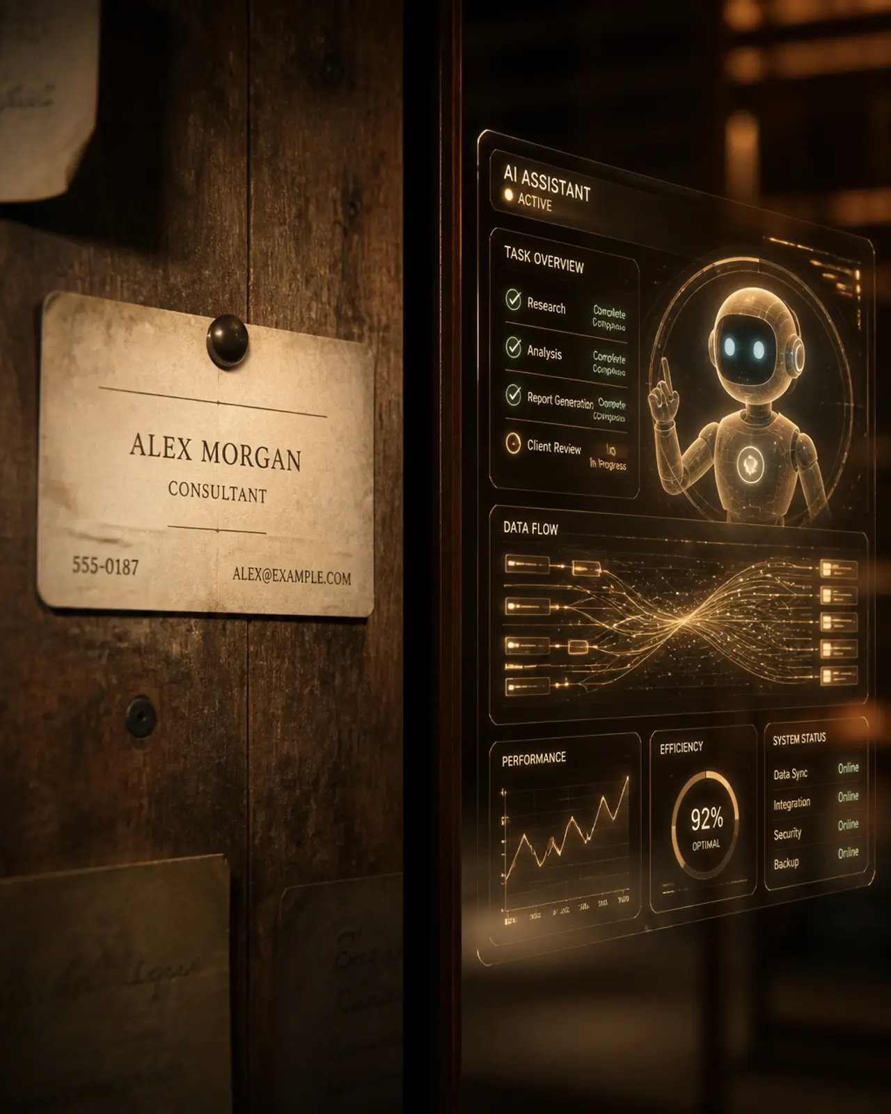 A split-screen comparison showing a static paper business card versus a glowing, interactive digital data system