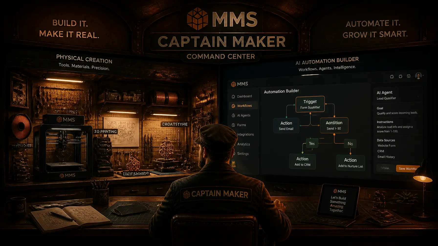 A cinematic shot of the Captain Maker command center, blending physical workshop tools with a digital automation builder