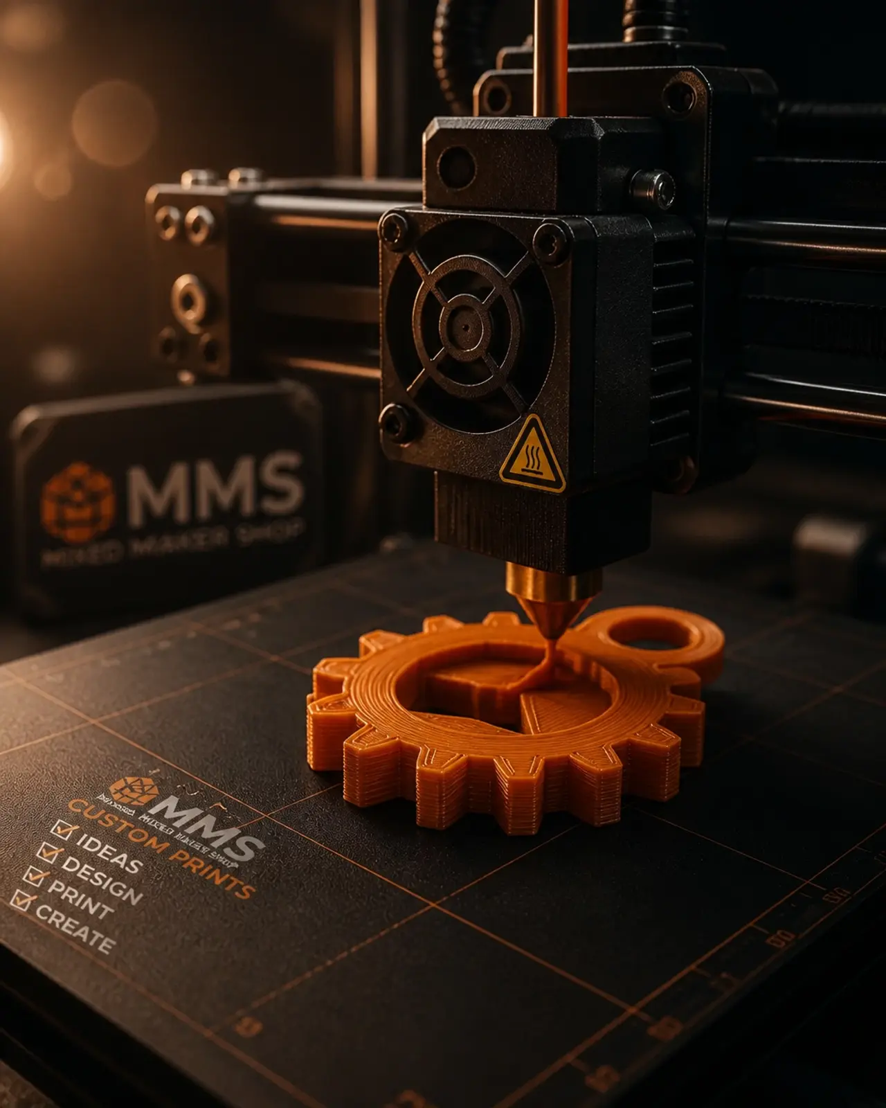 A 3D printer nozzle creating a custom orange gear keychain