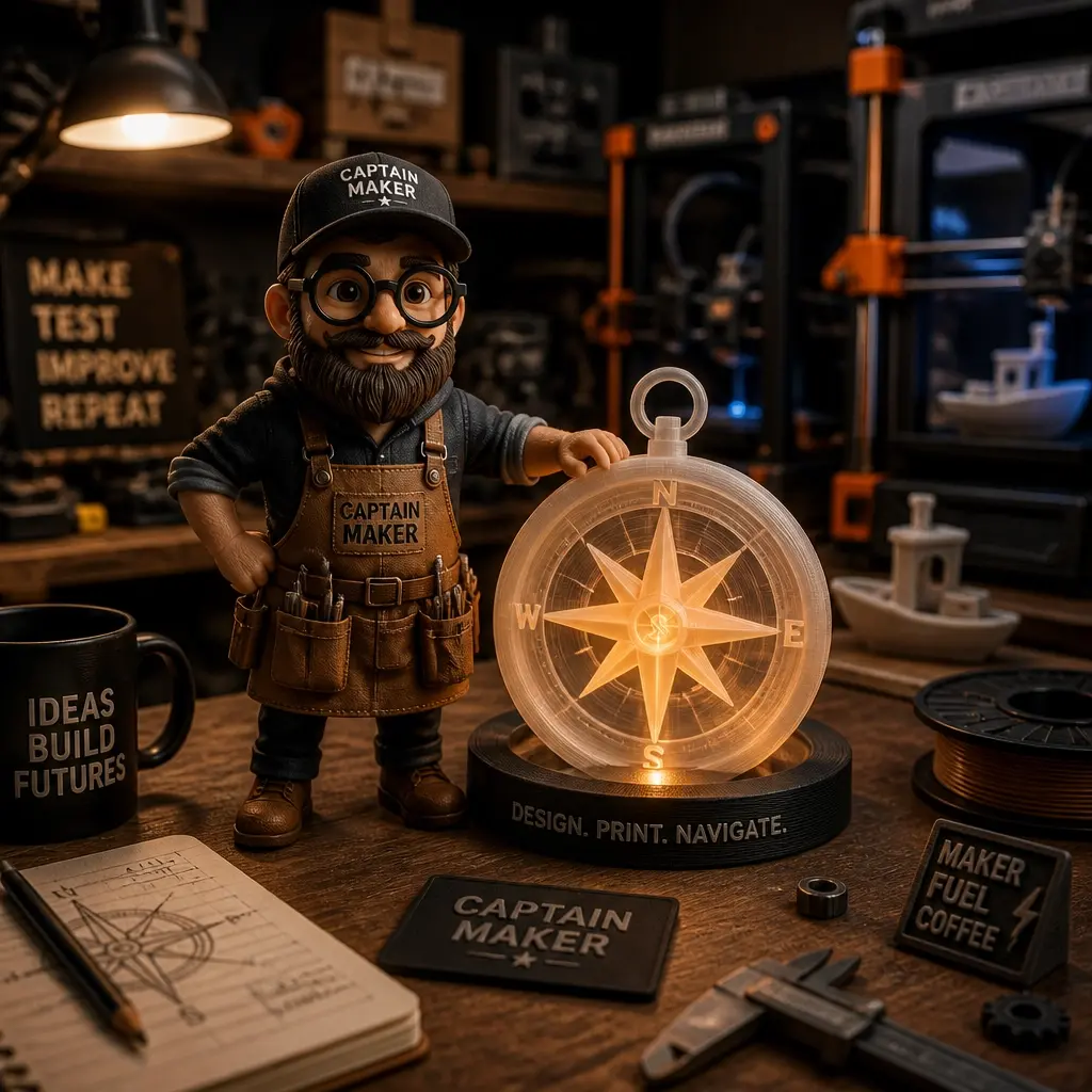 The Captain Maker mascot next to a glowing compass