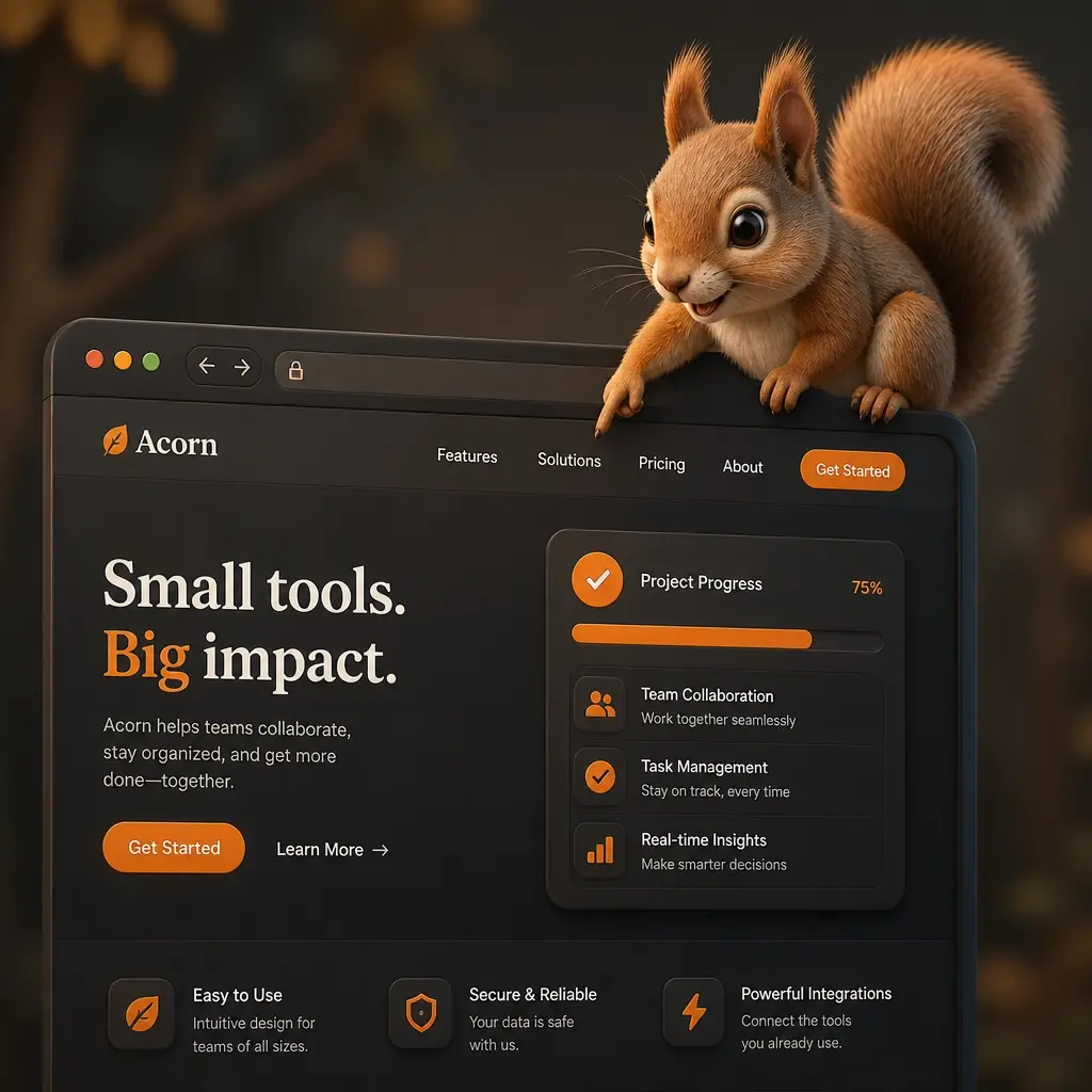 A whimsical 3D-style squirrel character sitting on the edge of a digital browser window