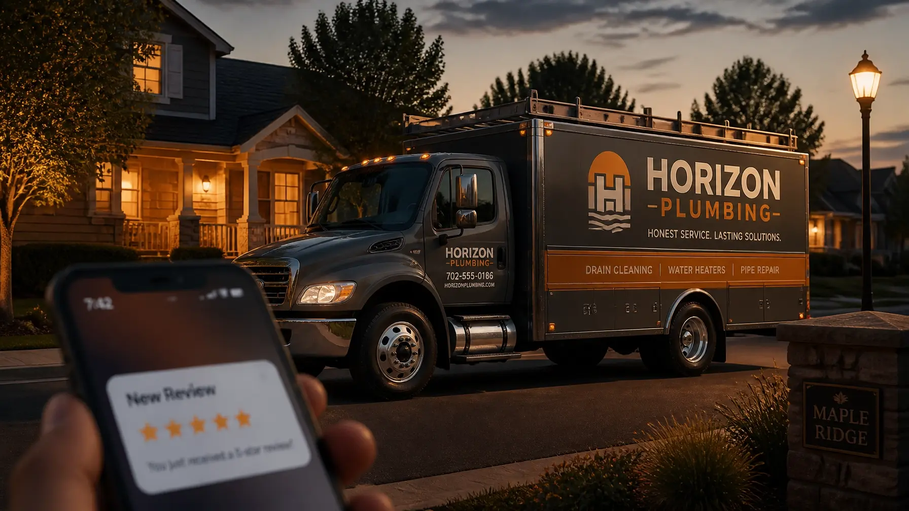 A plumbing truck parked in a neighborhood at dusk