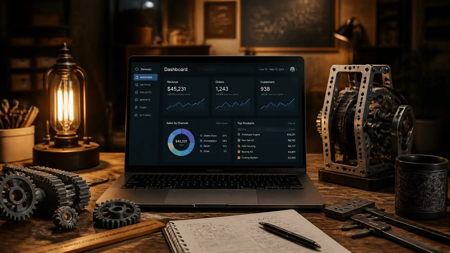 A modern workshop desk with a laptop showing a clean business dashboard, surrounded by 3D printed gears and maker tools