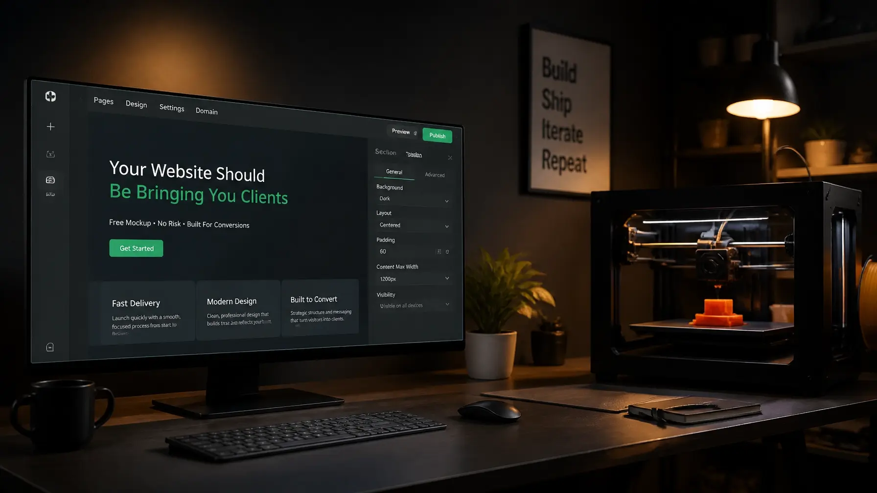 A modern workspace featuring a 3D printer and a digital website builder interface