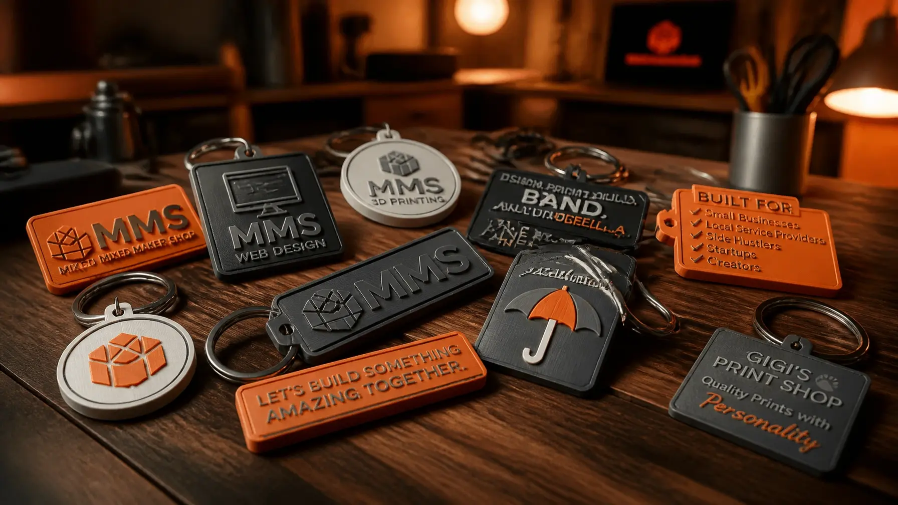 A collection of custom 3D printed keychains on a wooden workshop table with warm lighting
