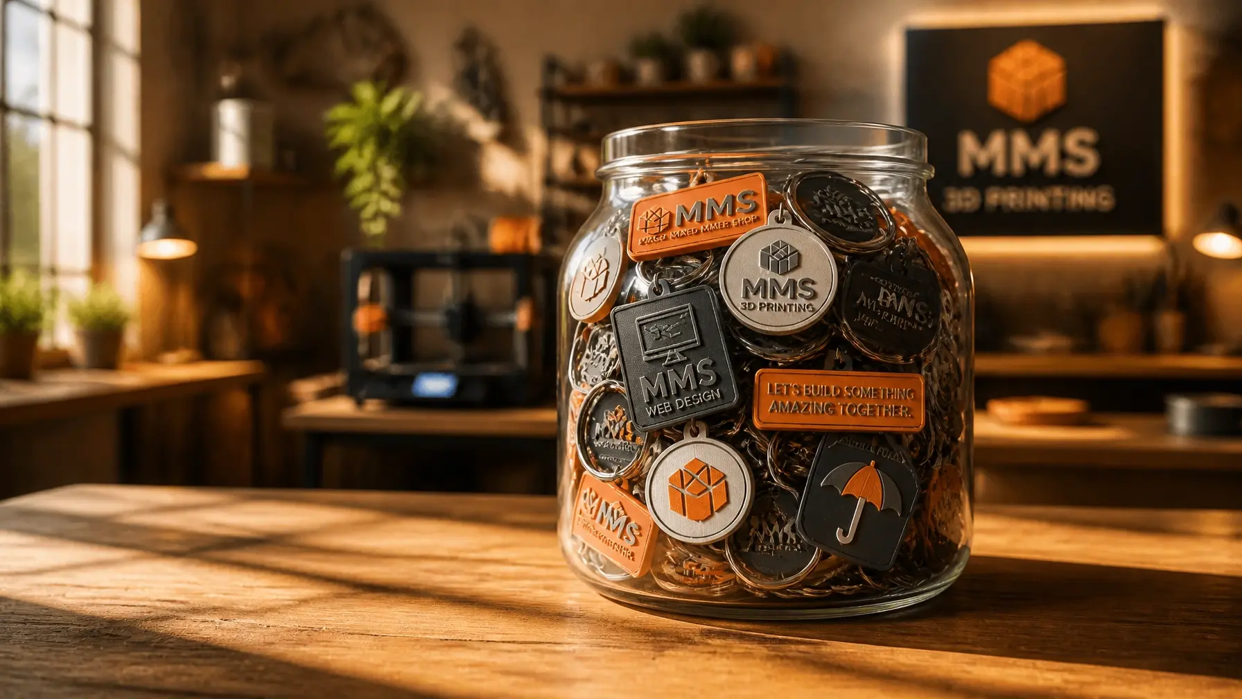 A glass jar filled with dozens of identical, high-quality custom 3D printed keychains, ready for distribution