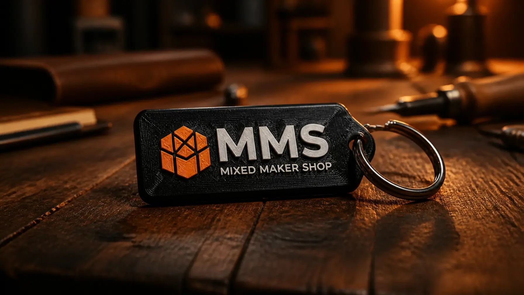 Custom 3D-printed keychain with embossed logo on a rustic wooden workbench