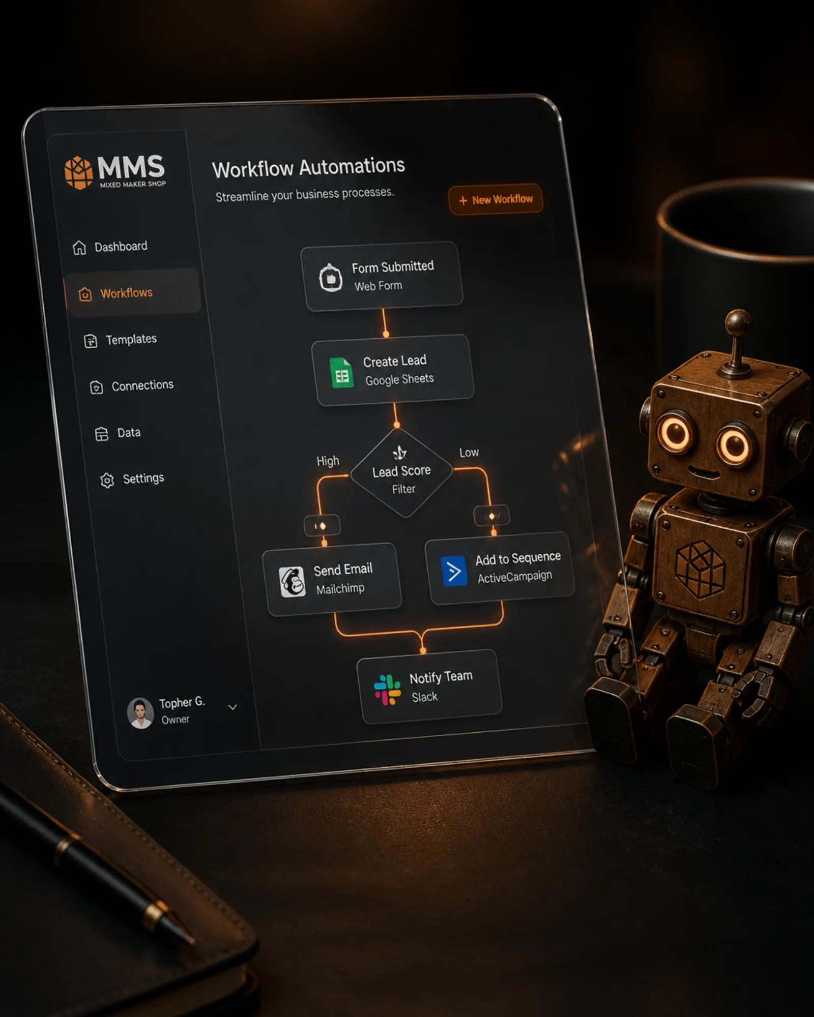A sleek digital interface on a glass tablet showing a workflow automation diagram in a modern studio