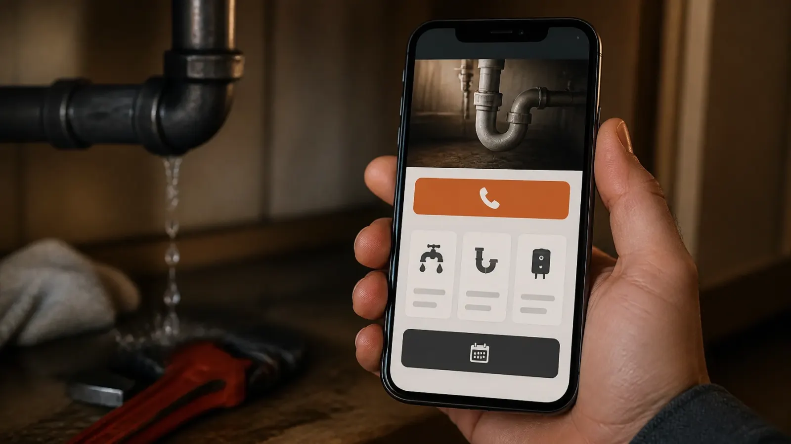Homeowner viewing a clean mobile plumbing website while dealing with a leak