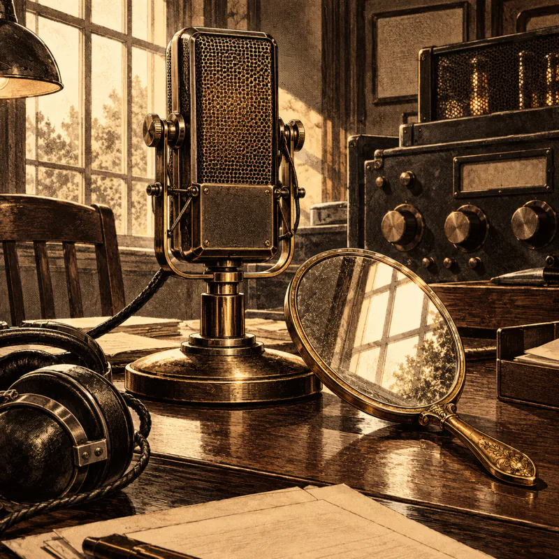 A brass 1930s radio microphone on a wooden desk beside a hand mirror and headphones, in warm lamplight.