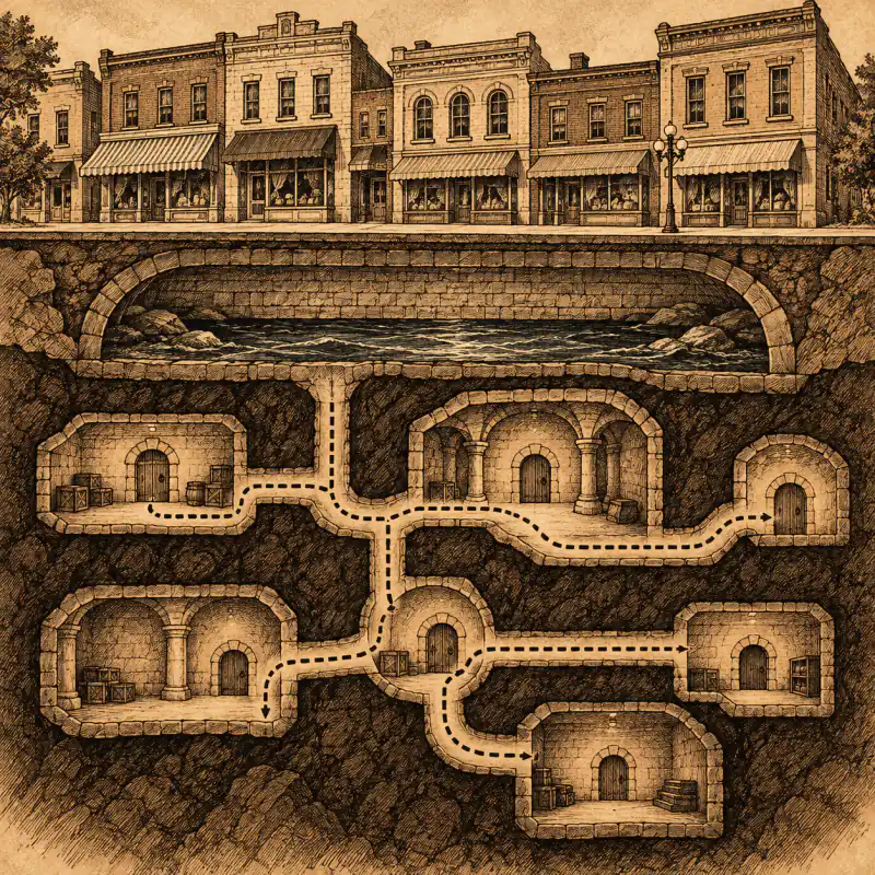 Sepia engraving of a row of downtown storefronts above a stone creek arch, with lantern-lit tunnel rooms and dotted routes below.