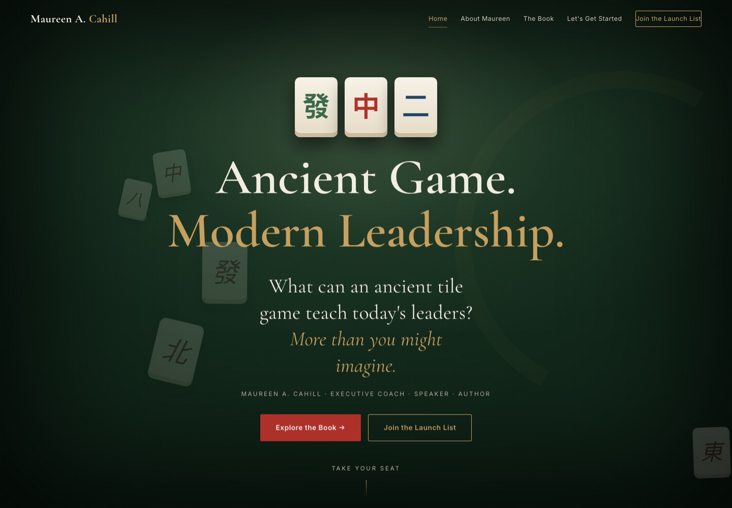 Homepage of maureenacahill.com — 'Ancient Game. Modern Leadership.' over a dark green Mahjong-tile design